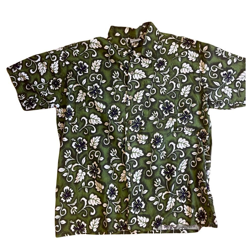 Sunset Highway Size Large 100% Cotton Green Floral Short Sleeve Hawaiian…